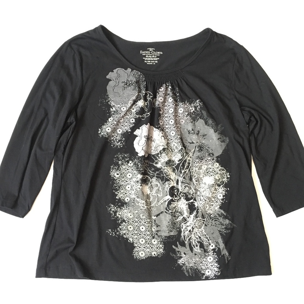 Faded Glory Black & Grey Floral Top